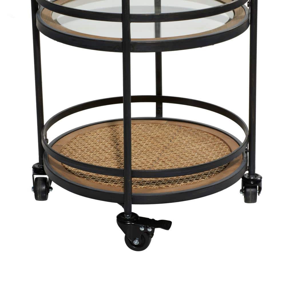 21'' Brown Metal and Rattan Round Bar Cart with Glass Shelves