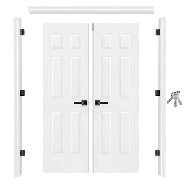 48 in. x 80 in. 6 Panel Primed Hollow Core Door with Quick Assemble Jamb, Privacy Levers & Top Latch, Assembly Required