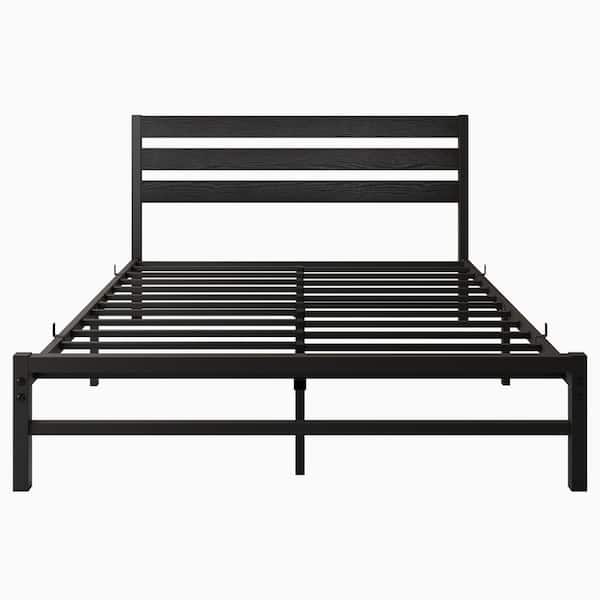 Black Metal Frame Queen Platform Bed with Wooden Headboard