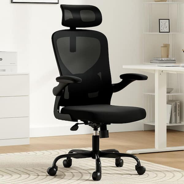 Polyester Adjustable Lumbar Support Ergonomic Office Chair in Black-1 with Adjustable Ams and Headrest, High Back Mesh