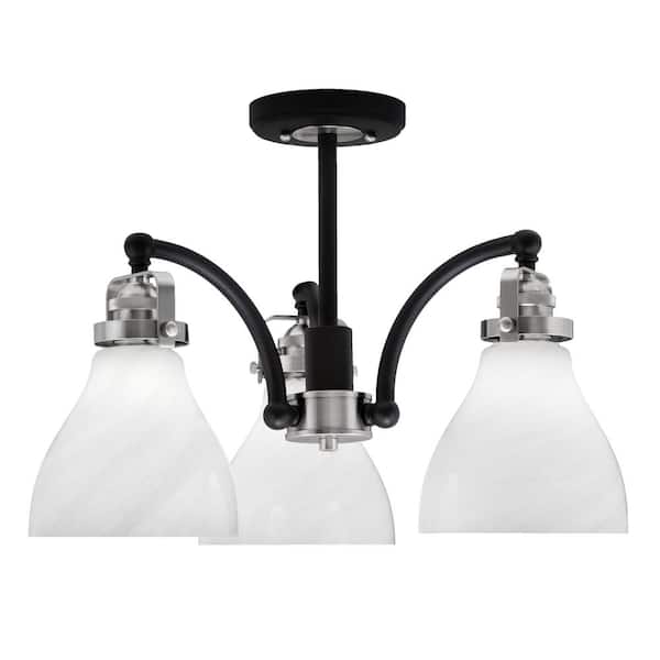 Unbranded Decatur 16.5 in. 3 Light Black and Nickel Semi-Flush with 6.25 in. White Marble Glass Shades No blulbs included