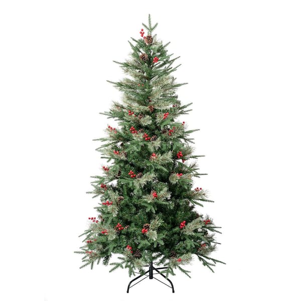 6 ft. Unlit Feel Real Virginia Pine Mixed Hinged Artificial Christmas Tree with Berries and Pinecones