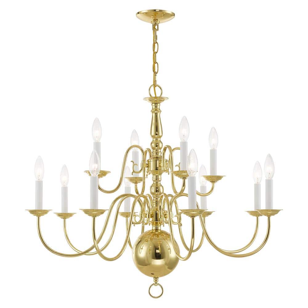 Elegant Colonial 12-Light Polished Brass Chandelier with Candelabra Base