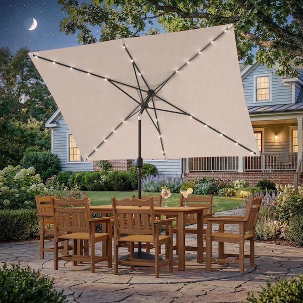 Sonkuki 10 ft. x 6.5 ft. Rectangle Solar LED Outdoor Patio Market Table Umbrella with Push Button Tilt and Crank in Beige