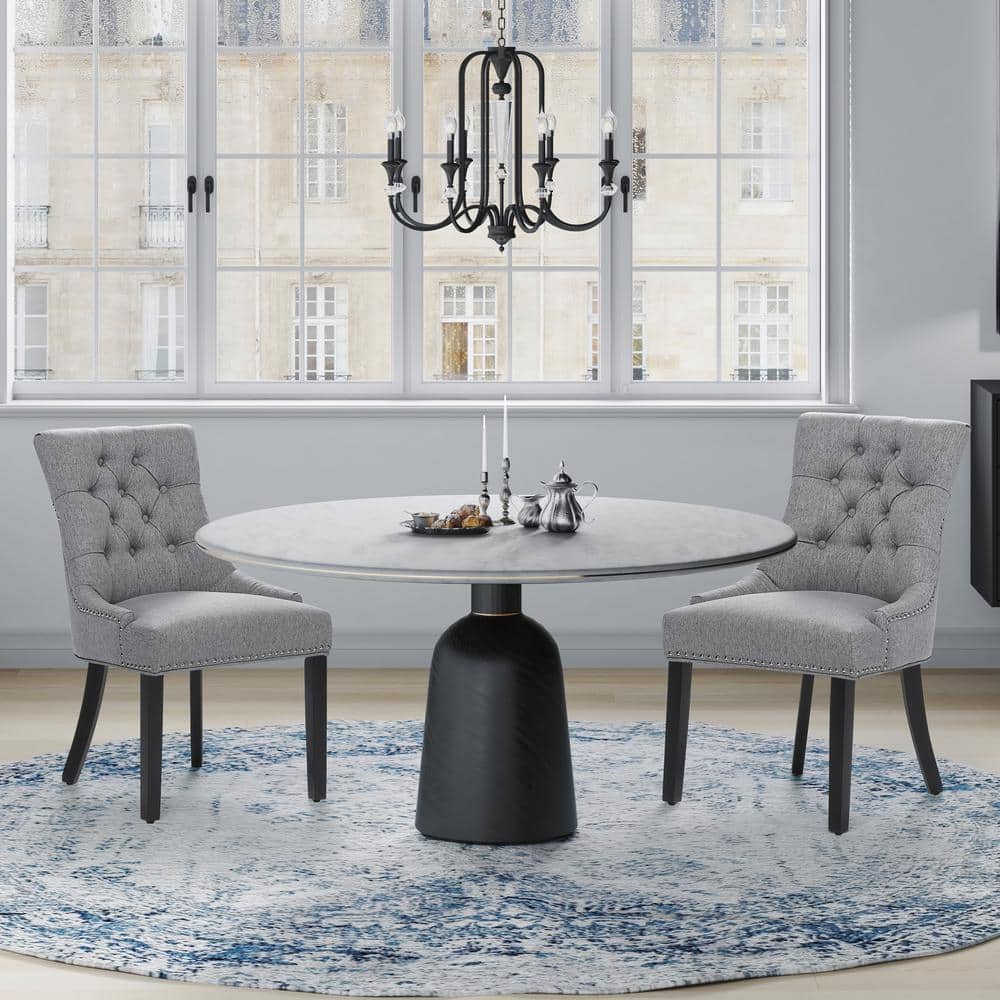 Elegant Gray Linen Tufted Wingback Side Chair Set