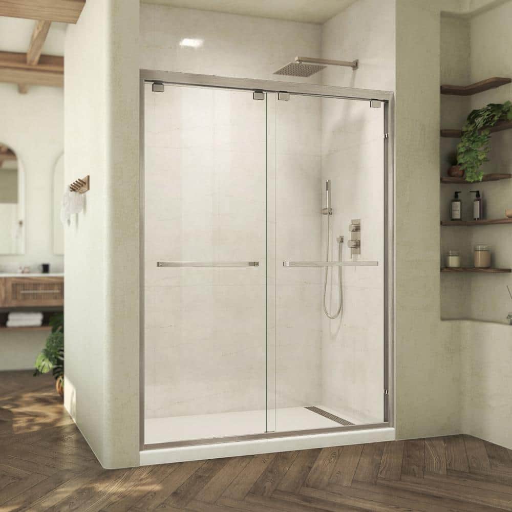 Abbey 56-60 in Frameless Sliding Shower Door in Brushed Nickel and Clear Glass