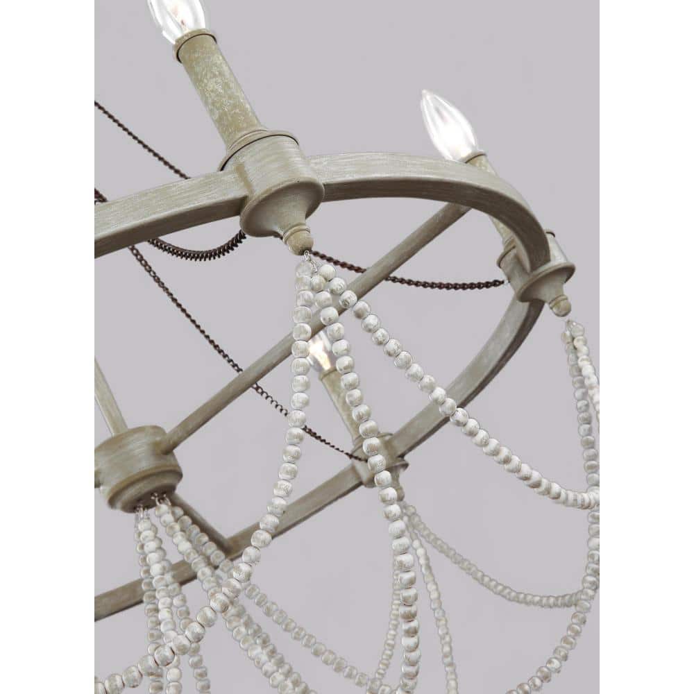 Beverly 28" French Washed Oak & Distressed White 6-Light Chandelier
