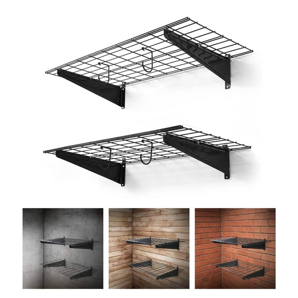 Black Metal Wall Mounted Garage Shelves with Hooks, 36" x 18"