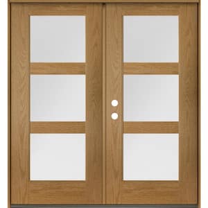Modern 72 in. x 80 in. 3-Lite Right-Active/Inswing Satin Etched Glass Bourbon Stain Double Fiberglass Prehung Front Door
