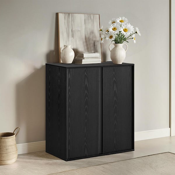 Nathan Black Industrial Style Wood Sideboard Buffet with Angular Design, Beveled Edges, Metal Accents, Soft-Close Hinges