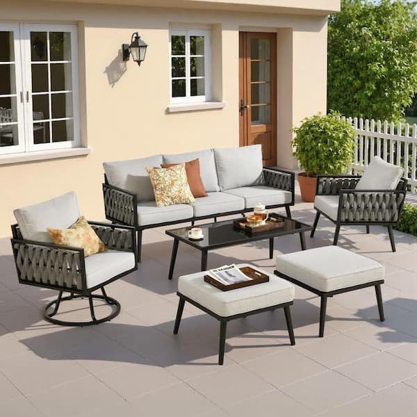 Velora 6-Piece Patio Conversation Braided Sofa Swivel Rocking Chair Set with Ottomans and Light Gray Cushions