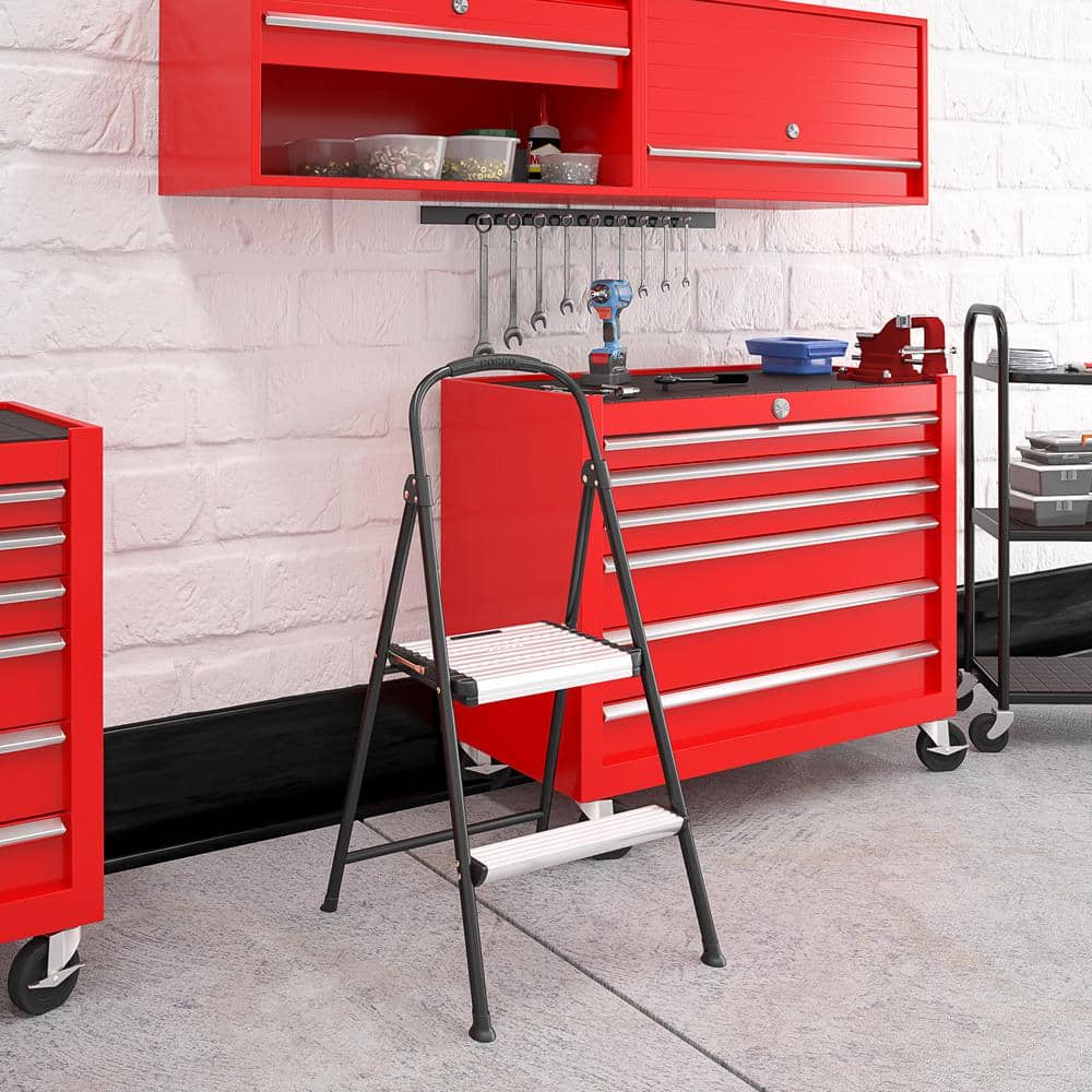 Compact 40.75" Black Foldable Steel Step Stool with Rubber Grip