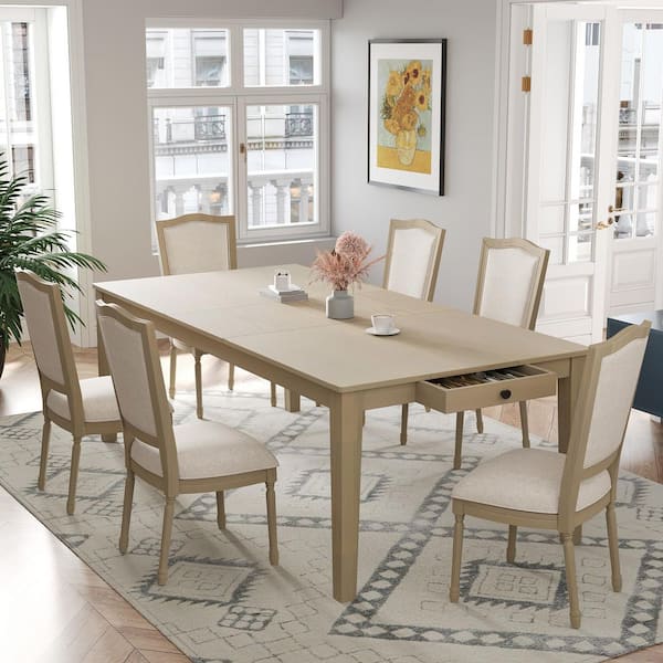 Harper & Bright Designs Rustic 7-Piece Natural Extendable Dining Table Set with 18 in. Removable Leaf, 6 Upholstered Dining Chairs, 2 Drawers
