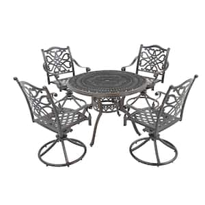 Bronze 5-Piece Cast Aluminum Outdoor Dining Set Round Dining Table with Umbrella Hole and Swivel Chair