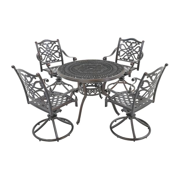 Kadehome Bronze 5-Piece Cast Aluminum Outdoor Dining Set Round Dining Table with Umbrella Hole and Swivel Chair