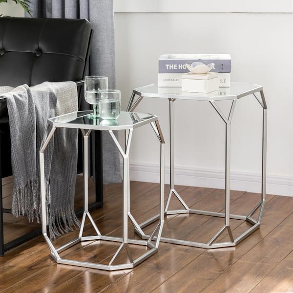 Glitzhome Silver Metal with Glass Accent Table (Set of 2)