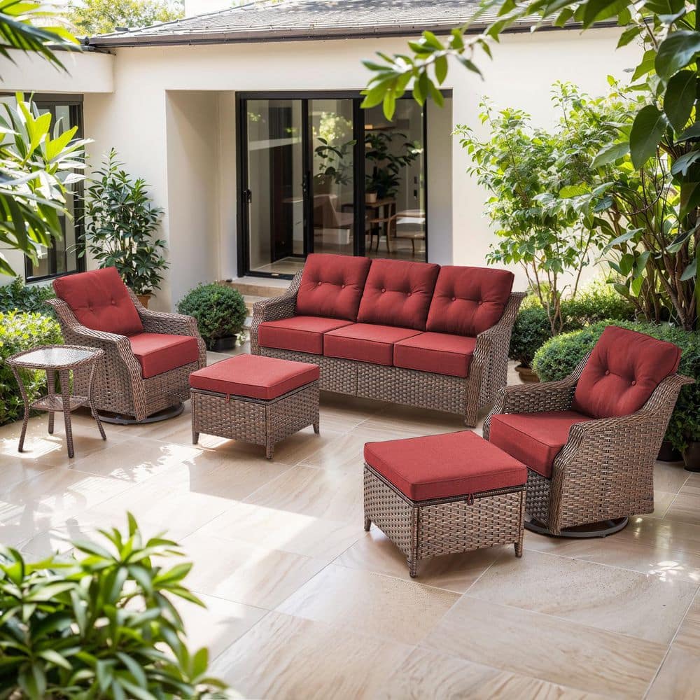 Artisan Brown 6-Piece Wicker Patio Conversation Set with Swivel Rockers, Sofa Seating Set with Olefin Red Cushions price history on PriceWatchPro