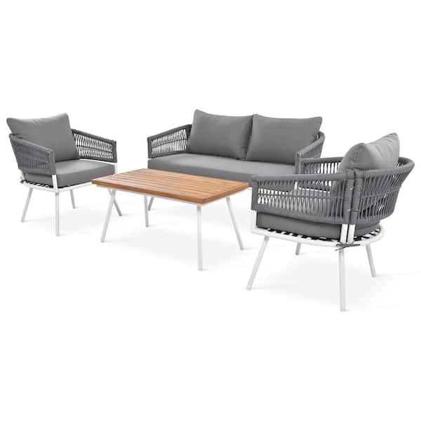 Tatayosi 4-Piece Boho Rope Patio Furniture Set, with Acacia Wood Table, Patio Conversation Set with Cushion, Grey