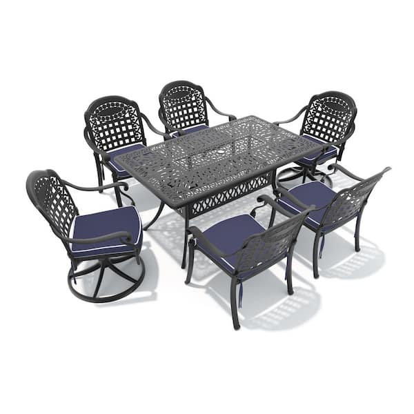7-Piece Black Cast Aluminum Patio Outdoor Dining Set with Rectangular Table and 6 Swivel Dining Chairs, Blue Cushions