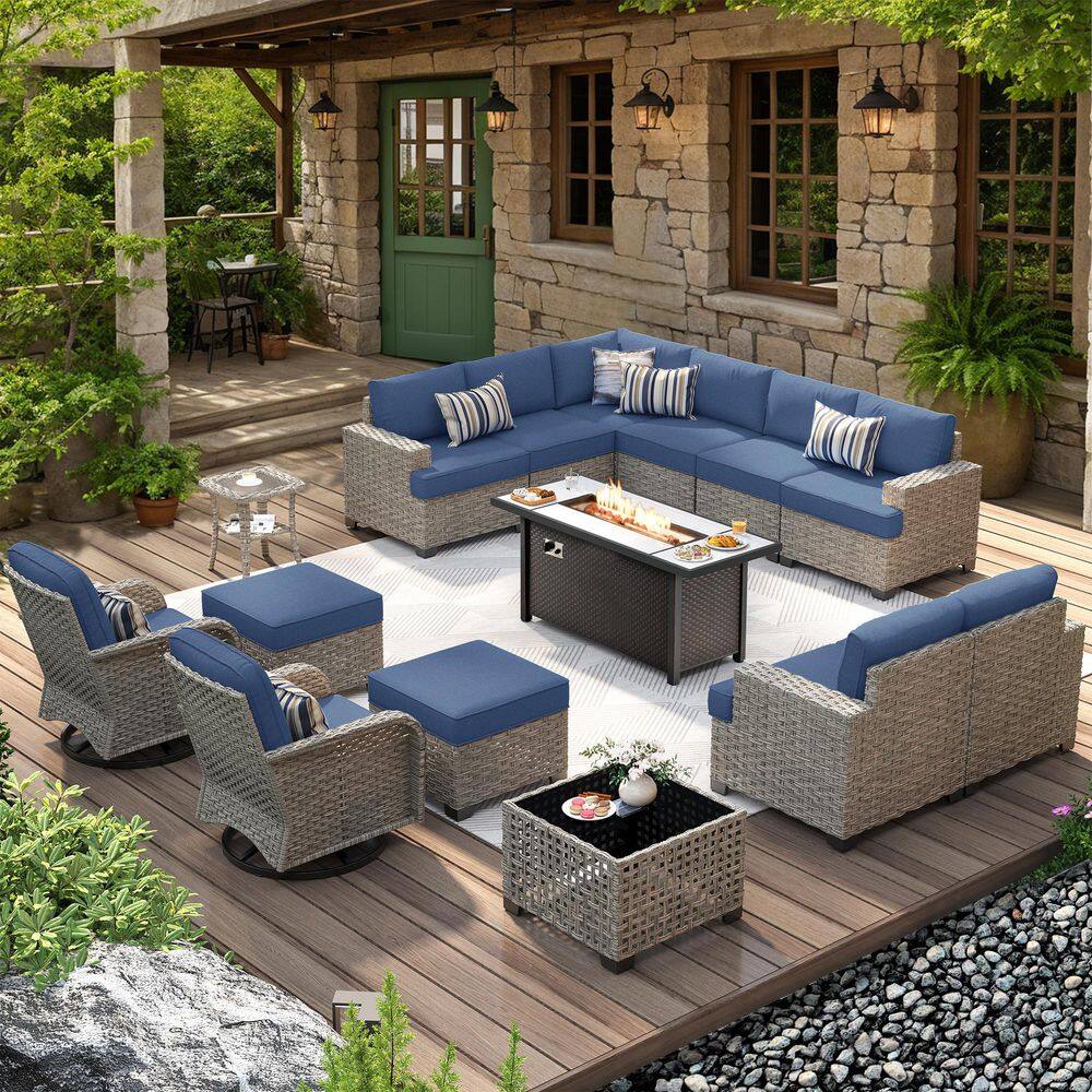 Tiberty Gray 15-Piece Wicker Patio Rectangle Fire Pit Conversation Set with Denim Blue Cushions and Swivel Chairs price history on PriceWatchPro