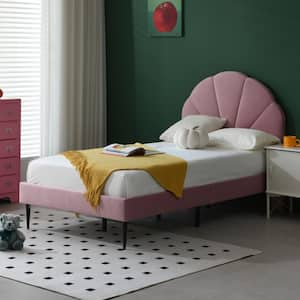 Pink Frame Twin Size of Luxury Velvet Platform Bed with Seashell-Shaped Headboard