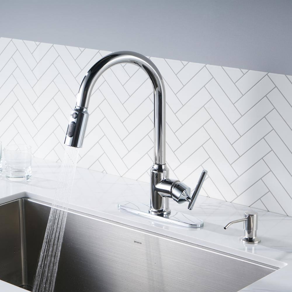 Polished Chrome Stainless Steel Pull Down Kitchen Faucet with Soap Dispenser