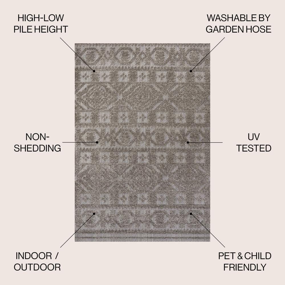 Dark Gray and Ivory Geometric Synthetic Indoor/Outdoor Area Rug