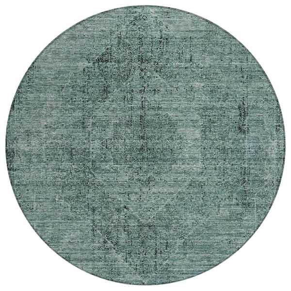 Chantille Machine Washable Indoor/Outdoor Abstract ACN2726 Teal 8 ft. x 8 ft. Round Rug