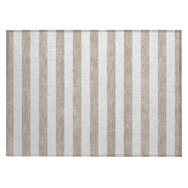Taupe and White 2 ft. x 3 ft. Woven Striped Polyester Rectangle Indoor/Outdoor Area Rug