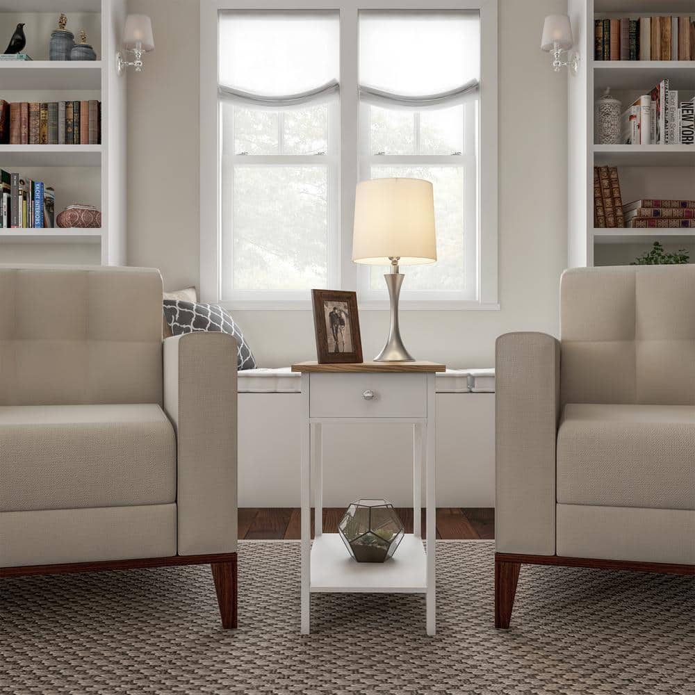 White and Oak Slim Rectangular End Table with Storage