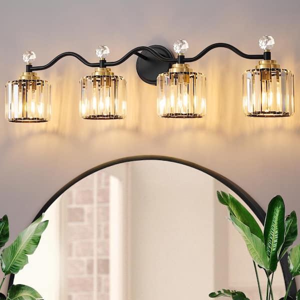 Deyidn Modern Luxury 34.8 in. 4-Light Black and Gold Vanity Light with Crystal Shade for Bathroom