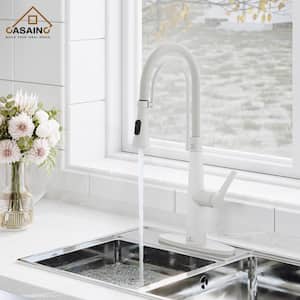 Single Handle Spring Neck Standard Kitchen Faucet with Dual-Function Sprayhead and Deck Plate, in Matte White