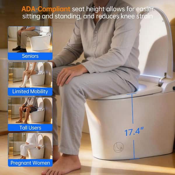 Elongated Toilet Bidet, 1.1/1.6GPF in White,1000g MaP Flush, Auto Urinal Flush for Men, ADA Comfort Height, Moving Dryer