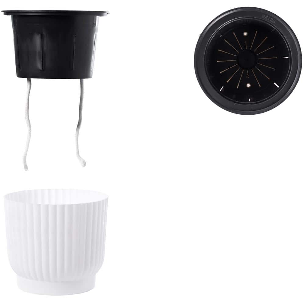 White Ribbed Plastic Self-Watering Indoor/Outdoor Flower Pot Set