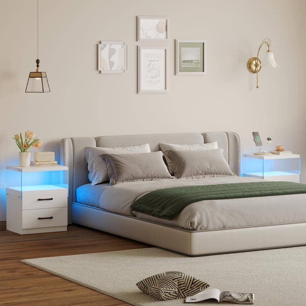 White Modern 2 Drawers Nightstand with Adjustable LED Lights, 18 in. W x 12