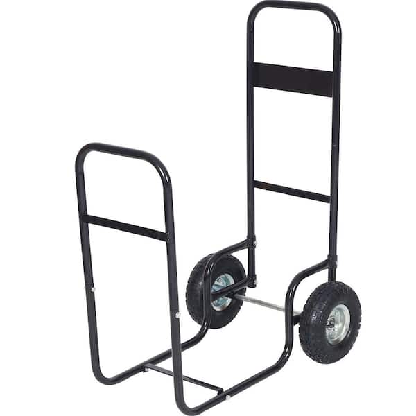 Amucolo 31.5 in. Heavy-Duty Steel Fireplace Log Rolling Cart Carrier Wood Rack with Pneumatic Wheels, Rolls UP and Down Stairs