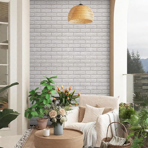 Vintage White Vinyl Peel and Stick Wallpaper Roll Washable Self Adhesive 3D Brick Contact Paper (Covers 30.78 Sq. ft.)