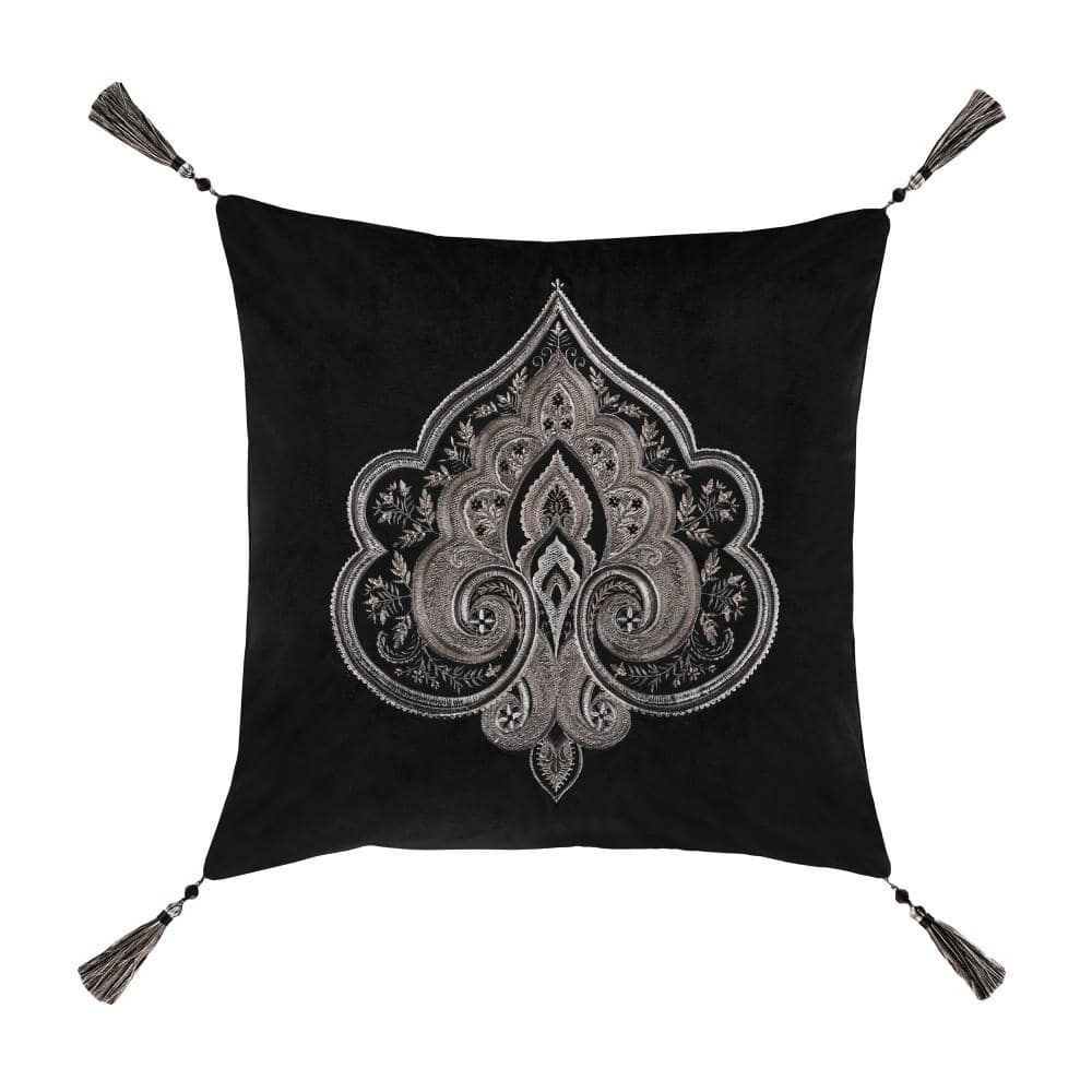 Dalton Black Polyester Damask 18 in. Square Embellished Decorative Throw Pi