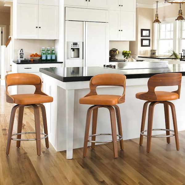 cozyman Edwards 26 in.Whiskey Brown Faux Leather Swivel Bar Stool with Solid Walnut Wood Frame Bentwood Counter Stool 3-pack