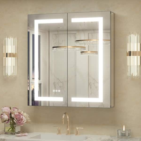 30 in. W x 32 in. H Rectangular Aluminum Medicine Cabinet with Mirror 3 Color Lights and Outlets, Recessed/Surface Mount