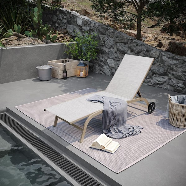 Full Flat 1-Piece Aluminum Adjustable Outdoor Chaise Lounge in White Gray with Wheels