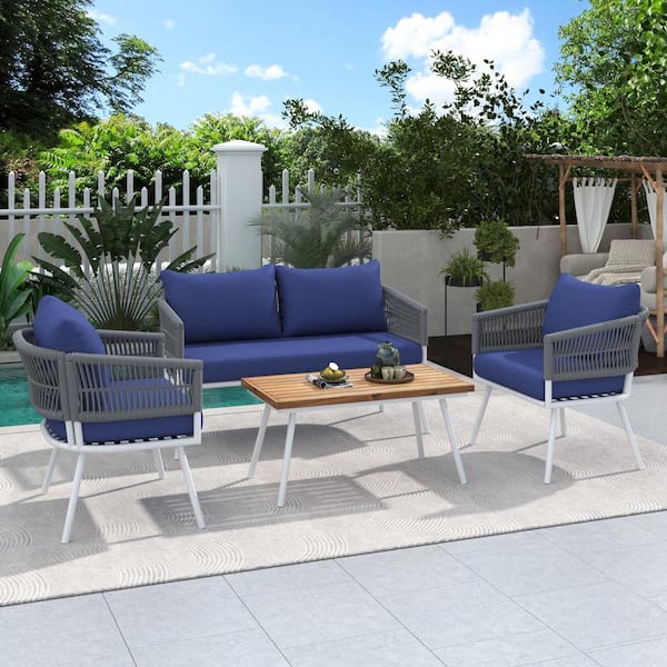 FORCLOVER 4-Piece Acacia Wood Table  Boho Rope Patio Conversation Set with Thick Navy Blue Cushion