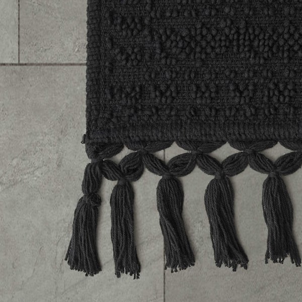 Nellore Black 24 in. x 64 in. Fringe Solid Color Cotton Rectangle Bath Rug