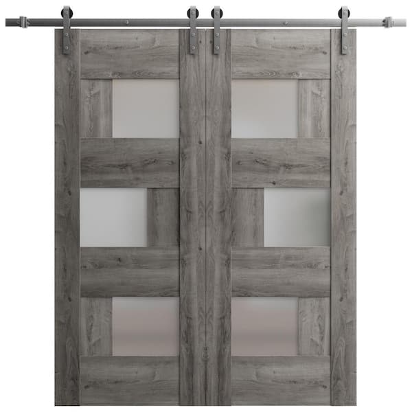 VDOMDOORS 36 in. x 80 in. 2 Panel Frosted Glass Nebraska Grey Solid MDF Sliding Barn Door with Hardware Kit