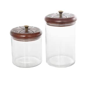 Clear Glass Floral Carved Decorative Jars with Brown Wooden Lids and Gold Knobs Set of 2