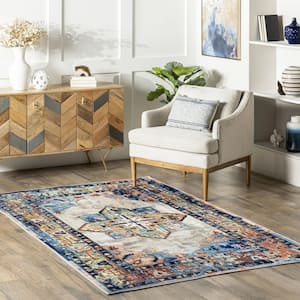 Abby Traditional Medallion Machine Washable Blue 5 ft. x 8 ft. Area Rug