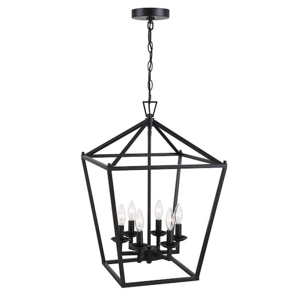 16 in. 6-Light Matte Black Geometric Vintage Lantern Chandelier Pendant Light