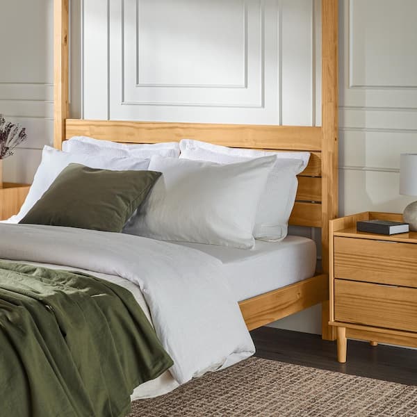 Minimalist Beige Wood Frame Queen Plank Canopy Bed