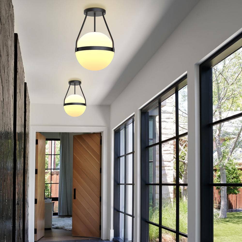 Black Metal Globe Ceiling Light with Frosted Glass Shade