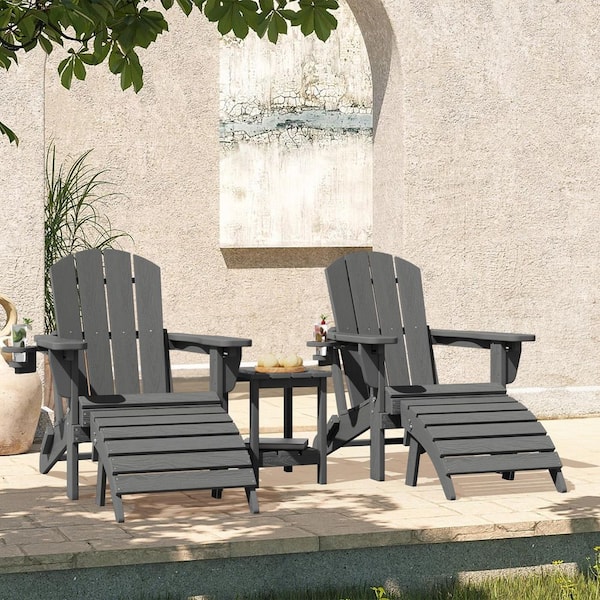 JEAREY Outdoor HIPS Plastic Patio chat set Gray Adirondack Chairs with Side Table and Folding Ottoman Set of 5-Piece